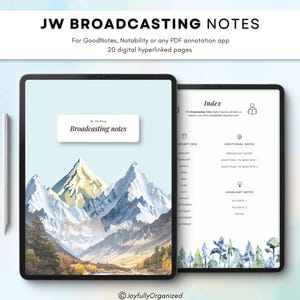 May include: Digital JW Broadcasting Notes planner for PDF annotation apps featuring 20 hyperlinked pages. The cover displays a mountain landscape with the text Broadcasting notes. The index page includes sections for monthly notes and highlights.