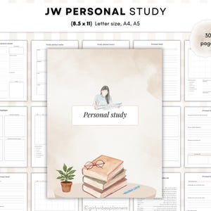 以下が含まれることがあります： 「JW PERSONAL STUDY」というタイトルのプランナーで、表紙には「Personal study」という文字が書かれています。表紙には、人物、本、植物の水彩イラストが描かれています。プランナーのサイズは21.6 x 27.9 cmで、30ページあります。