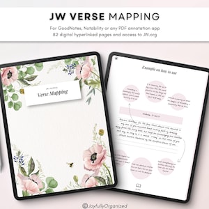 May include: A digital verse mapping planner displayed on two tablets. The left screen shows a floral cover with pink poppies and green leaves, titled Verse Mapping. The right screen displays an example page with handwritten notes and text.