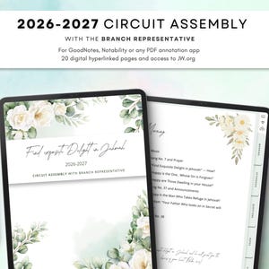 May include: A digital 2026-2027 Circuit Assembly planner for GoodNotes and Notability. The interface displays 20 hyperlinked pages with floral watercolour accents, featuring the text Find Exquisite Delight in Jehovah and assembly programme details.