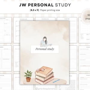 May include: A JW Personal Study planner set with 30 pages in an 8.5 x 11 inch printing size. The cover features a watercolour illustration of a person reading at a table with a stack of books, glasses, and a plant, labelled Personal study.