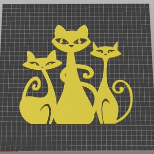 May include: Three yellow stylized cats with curved tails, standing side by side. The cat in the middle is the largest and has a more upright posture.
