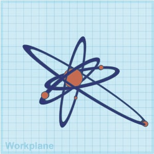 May include: A stylized illustration of an atom with a large, orange nucleus and five smaller, orange electrons orbiting around it. The atom is drawn on a blue grid background.