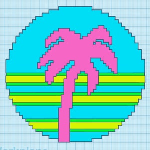 Könnte beinhalten: Ein Pixel-Art-Design mit einer rosafarbenen Palme auf blauem Hintergrund mit gelben und grünen Streifen. Das Design erinnert an ein Retro-Videospiel.