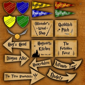 May include: A set of Harry Potter themed party decorations. The decorations include signs for Hog's Head, Diagon Alley, The Three Broomsticks, Honeydukes, Astronomy Tower, Owlery, Hogwarts Kitchen, Quidditch Pitch, The Forbidden Forest, and Ollivander's Wand Shop. There are also four prefect badges in red, blue, yellow, and green.