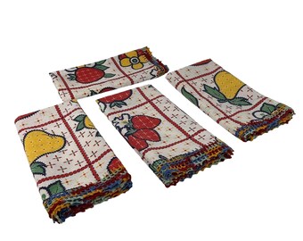 Four Vintage Cloth Napkins with Crochet Edging Colorful Fruit & Flower Design