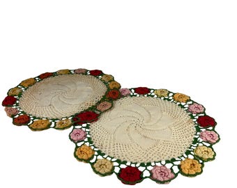 Vintage Crochet Doilies Set of Two 15" Round Edged with Colorful 3D Flowers