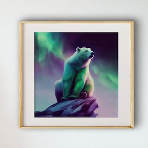 Dipinto ad olio raffigurante l'aurora boreale con orso polare, stampa artistica da parete opaca di alta qualità, decorazione invernale per la casa, regalo per orsi polari.