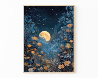 William Morris-afdruk | Gouden decoratie | Maanposter | Nachtelijke hemelkunst | Botanische muurkunst | Gebloemde slaapkamerprint | CEF3