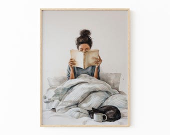 Minimalist Woman Reading Book Art Print | Watercolor Abstract People Painting | Modern Contemporary Wall Art | CAT3