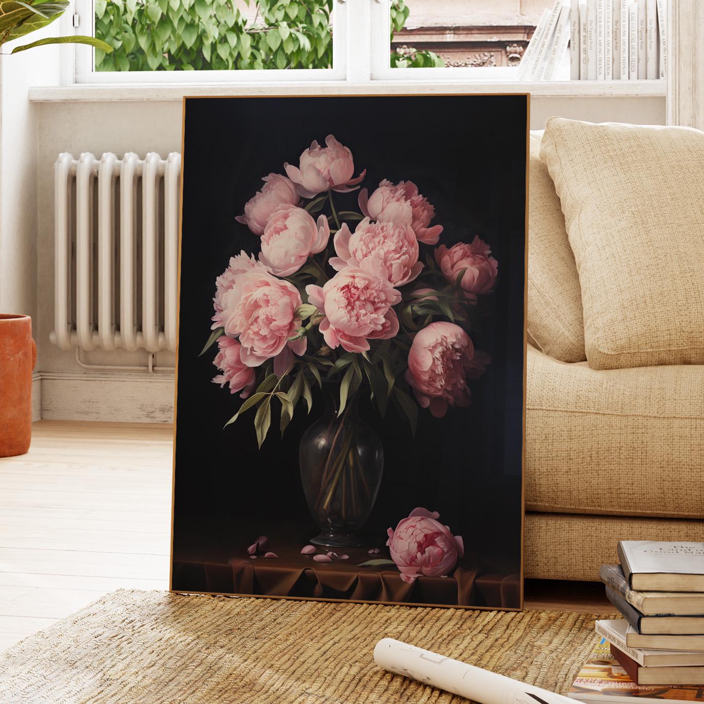 Vintage Moody Dark Peony Still Life Oil Painting Print | Floral