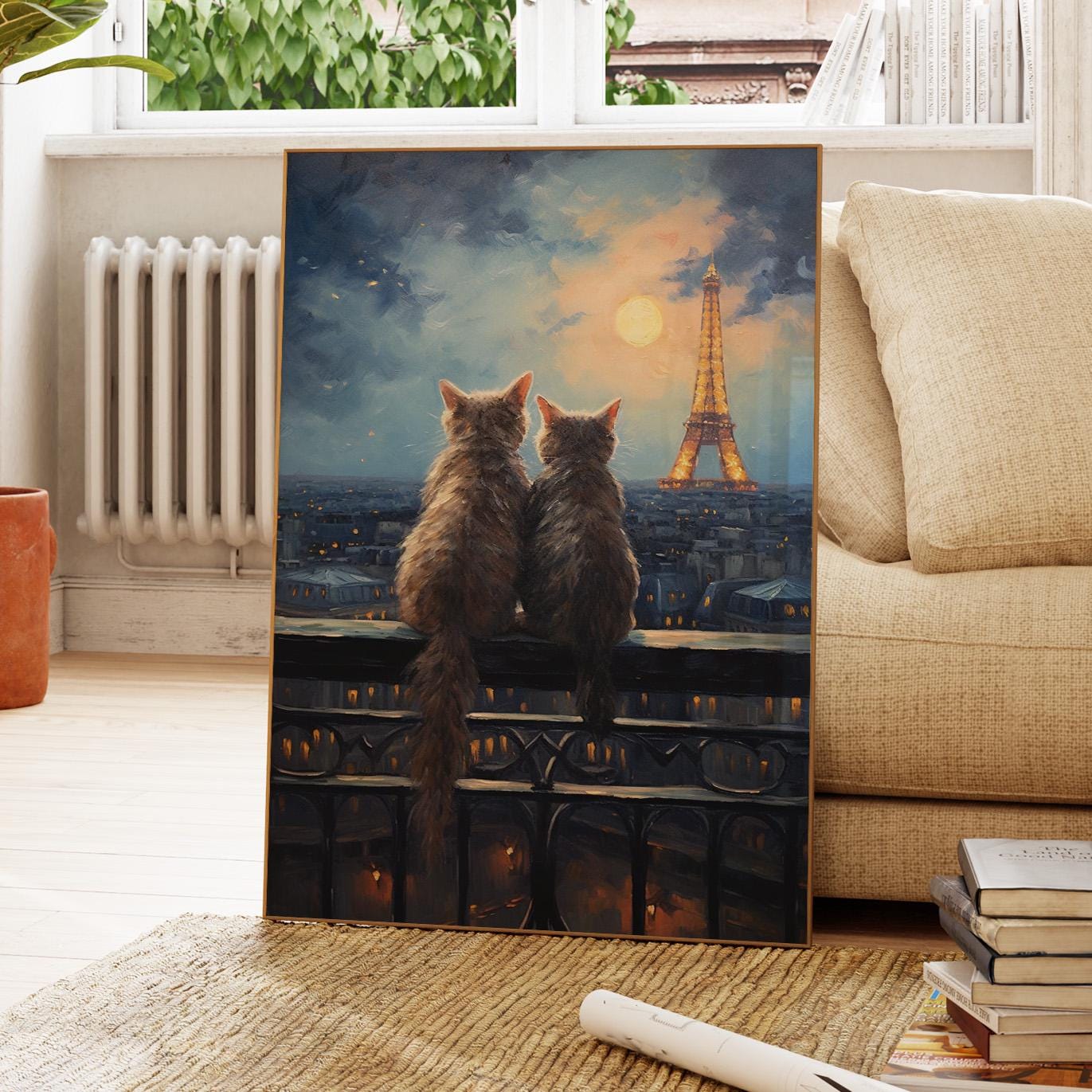 パリを旅する幸運の猫 絵画 原画 テクスチャーアート 月夜 アクリル画 30cm テクスチャーアート エッフェル塔 猫 パリを旅する幸運の猫 絵画 原画