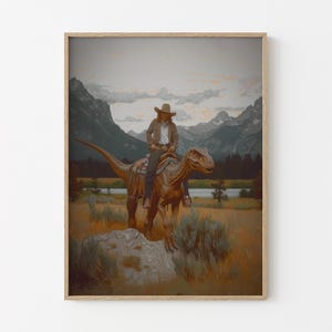 Vintage Dinosaur Cowgirl Oil Painting Print | Western Jurassic Dinosaur Print | Gift for Her, Funny Print | VDG4