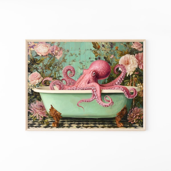 Octopus In A Bathtub In A Luxury Bathroom Oil Painting Print | Octopus Wall Art | Funky Eclectic Bathroom Decor | OIA7