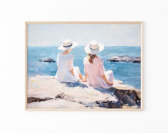 Girly Beach Painting Print | Coastal Apartment Decor | Soft Aesthetic Painting | Pink and Blue | Matte Painting Print | GPP7