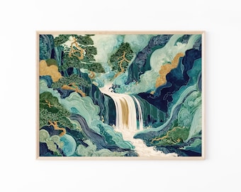 Japanese Waterfall Hokusai Oil Painting Print | Ukiyo-e Japanese Waterfall Art Print | Blue Green Japanese Home Decor | Waterfall Art | JWH6