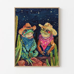 Stampa a olio di rana cowboy / Stampa di rana cowboy / Rospo e rana colorati e divertenti che indossano cappelli da cowboy con arte di cactus / FCF1