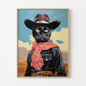 Stampa artistica surreale di cowboy con gatto nero - Decorazione per animali domestici eccentrica e occidentale fantastica Ritratto retrò di cowgirl Meowdy Wall Art WCC5