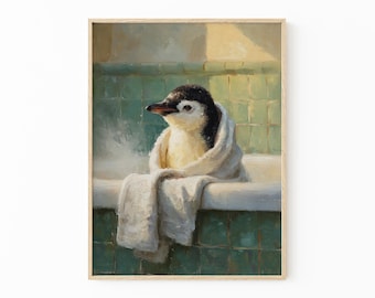 Penguin in Bath Art Print | Whimsical Animal Bathroom Decor | ANI4