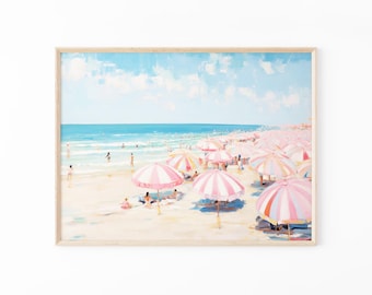 Pink Ocean | Abstract Coastal Painting Print | Girly Apartment Decor | Pink Wall Art | Girly Beach Maximalist Umbrella Painting | PO2