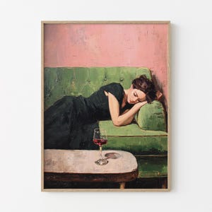 Woman on Couch with Martini Soft Tonal Oil Painting | Cocktail Art Bar Cart Decor | Aesthetic Print Gift | Trendy Wall Art Print | WCM1
