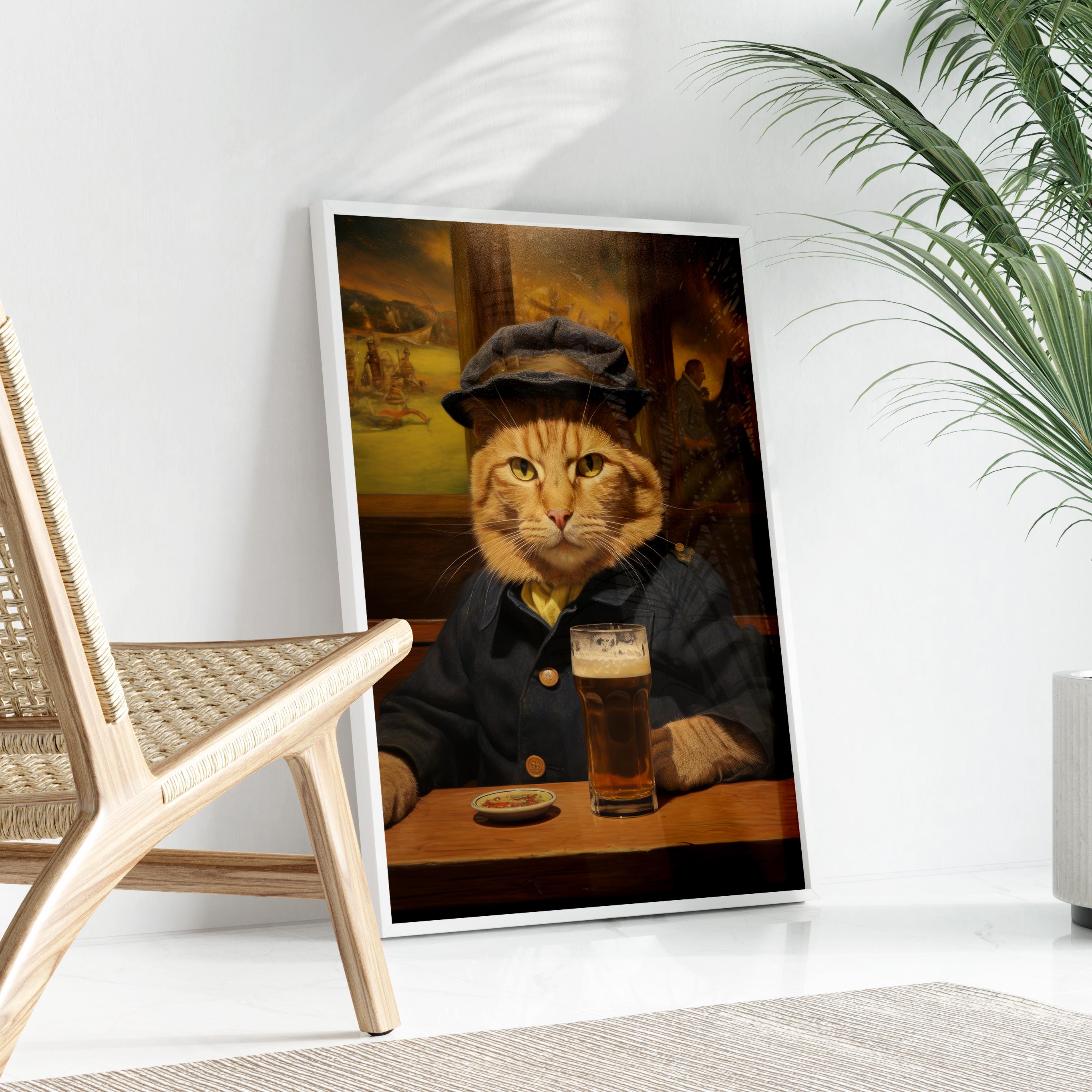 Funny Animals Cat Drinking Beer Oil Painting Print, Beer Wall Art, Beer ...