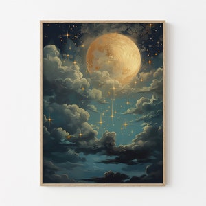 Vintage Enchanting Celestial Moon Art Oil Painting | Dark Academia & Dark Cottagecore | Night Sky Painting | Moon Art Print | ECM5