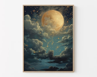 Vintage Enchanting Celestial Moon Art Oil Painting | Dark Academia & Dark Cottagecore | Night Sky Painting | Moon Art Print | ECM5