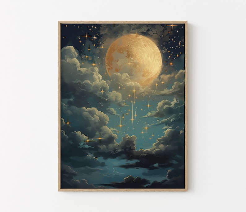 Vintage Enchanting Celestial Moon Art Oil Painting Dark Academia & Dark Cottagecore Night Sky Painting Moon Art Print ECM5 image 1