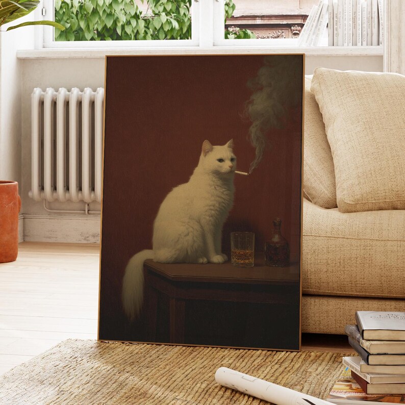 A white cat sitting on a table, smoking a cigarette, with a glass of what appears to be whiskey in front of it.