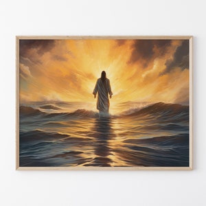 Gesù Cristo che cammina sull'acqua, dipinto a olio originale, stampa artistica cristiana, stampa opaca da parete religiosa, decorazione murale religiosa, luce divina