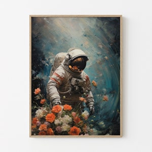 Stampa opaca da parete con dipinto floreale di astronauta, decorazione da parete con astronauta, decorazione da parete con spazio, arazzi, arte floreale astratta, regali per inaugurazione della casa