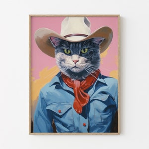 Stampa artistica surreale di un cowboy con gatto bianco - Decorazione per animali domestici eccentrica e occidentale fantastica Ritratto retrò di una cowgirl Meowdy Wall Art WCC3