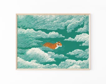 Japanese Tiger Swimming Print: Vintage Ukiyo-e Style Wall Art | WBH1