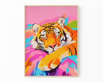 Oljemålning med tiger i sängen | Maximalistisk väggdekoration | Tiger sovrumsdekoration | STIA4