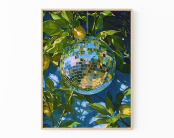 Disco Ball & Lemon Plant Print: Funky Kitchen Wall Art | SWB4