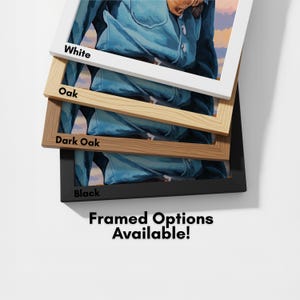 a collection of framed artworks, each with a different color and frame style, including white, oak, dark oak, black, and a black frame. The text "framed options available!" is displayed, indicating that these framed options are available for purchase.