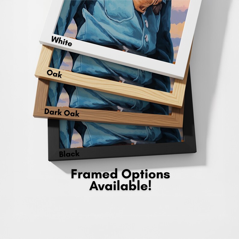 a collection of framed artworks, each with a different color and frame style, including white, oak, dark oak, black, and a black frame. The text "framed options available!" is displayed, indicating that these framed options are available for purchase.