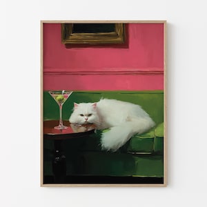 Cat with Martini Oil Painting Print | Cute Quirky Whimsical | Cocktail Art Bar Decor | Fine Art Print Gift | Trendy Wall Art | BCA8