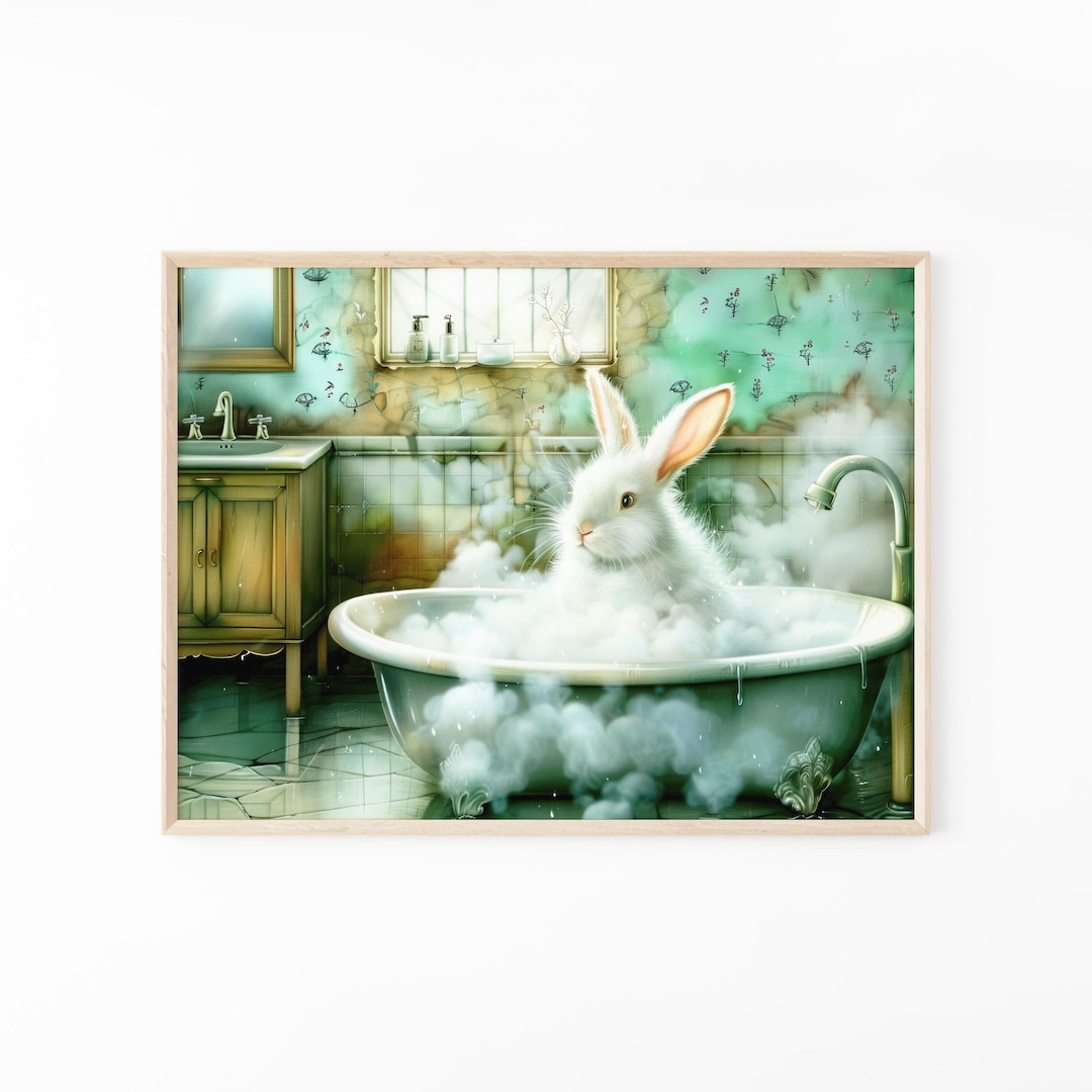 Deviantart Rabbit Bath Rabbit in Bathtub Painting | Bathroom Wall Art Print | Animal Decor ...