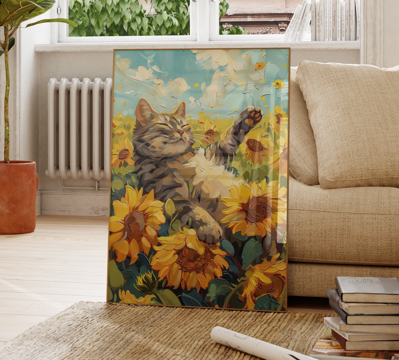 ヴィンテージひまわり猫油絵プリント | ゴッホのひまわり静物画に