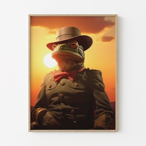 Stampa artistica da parete raffigurante una rana cowboy, surreale, stravagante, divertente, colorata, raffigurante un rospo e una rana che indossano cappelli da cowboy con un abito.
