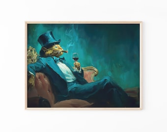 Gentleman Cat Sipping Wine Oil Painting Print | Bar Cart Decor | Cat Poster | Wine Print  | Trendy Kitchen Decor | Dining Room Print | GCS3