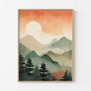 Orange Mountain Wall Art, Watercolor Mountain Print, Nature Wall Art, Mountain Poster, Modern Decor, Watercolor Print, Boho Prints