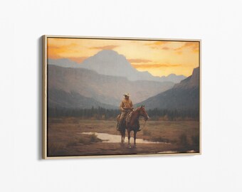 Vintage Landscape Cowboy Oil Painting Canvas Print, Western Wall Art, Mid-Century Wall Decor, Rustic Southwest Decor Stretched Canvas VLCO07