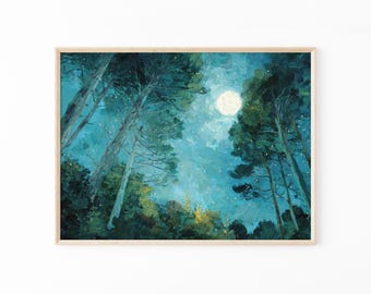 Obraz olejny „Księżyc i gwiazdy” | Ciemny las w stylu vintage | Dekoracja krajobrazowa | Niebiańskie nocne niebo | MSO2