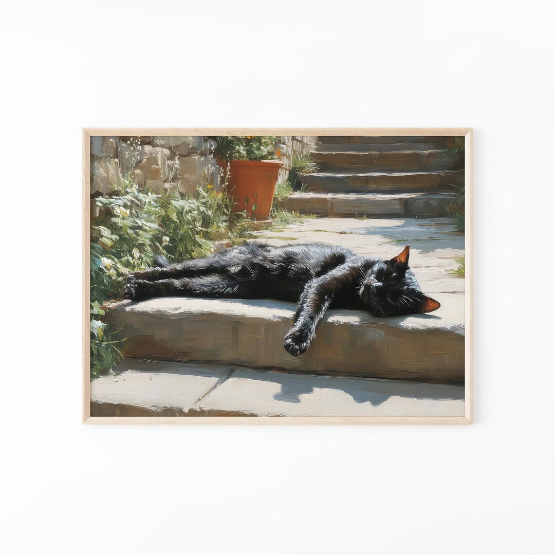 black-cat-sleeping-on-stairs-oil-painting-print-relaxed-black-cat-art