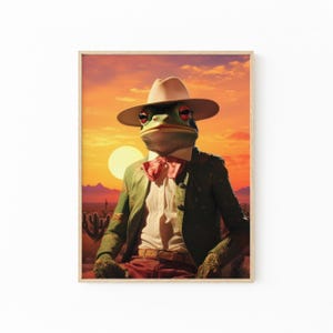 Impresión de pared de rana vaquera: surrealista, caprichosa, divertida y colorida. Sapo y rana con sombrero de vaquero y traje.