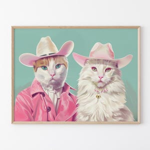 Stampa a olio di gatti da cowboy / Stampa di gatti da cowboy / Arte murale colorata / Decorazione massimalista / Decorazione eclettica occidentale funky per la stanza / CCO6