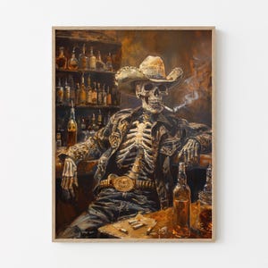 Impresión de pintura al óleo de esqueleto de vaquero en un bar, restos del salvaje oeste, arte de pared occidental, arte de vaqueros, regalo de viaje por carretera, impresión del suroeste, WWR4